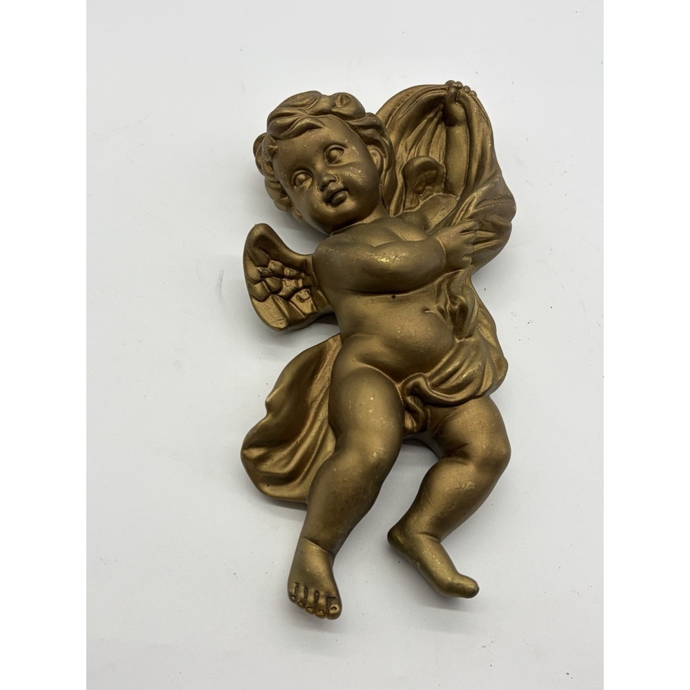 Vintage HOMCO Cherub Angel Wings Gold Wall Hanging 10"